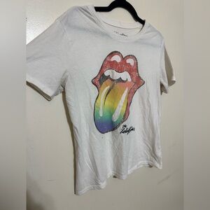 Time & Tru The Rolling Stones Sheer White Tee with Rainbow Tongue Graphic Size S